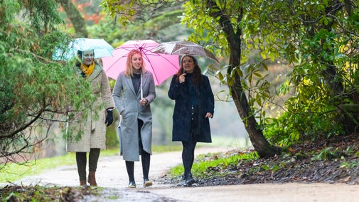 Three visitings walking in the garden on a rainy day holding umbrellas, Stourhead, Wiltshire
